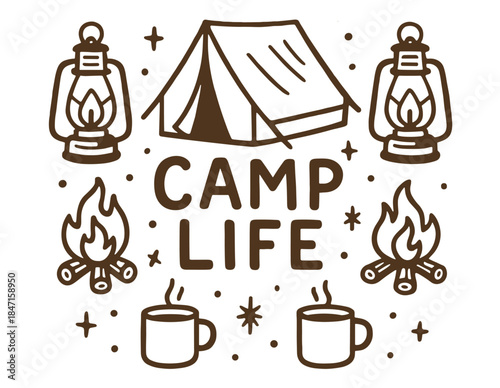 Rustic camp life design: tent, lanterns, bonfire, and coffee mugs