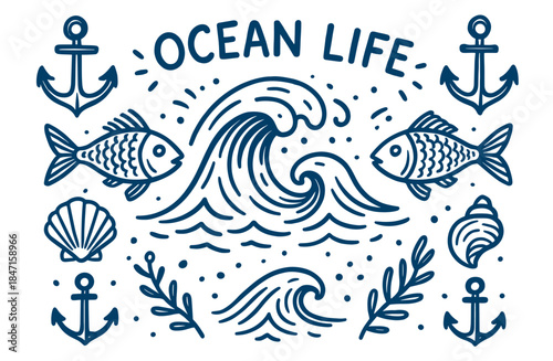 Nautical ocean life design with waves, fish, and anchors