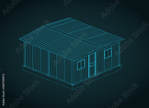 Compact modern wooden house isometric blueprint