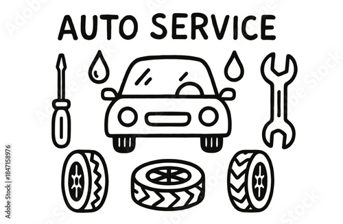 Car maintenance symbols: tools, wheels, and auto service icons for repair