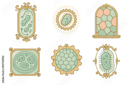 Victorian Bioengineering Icons. Isometric vector illustration set Victorian bioengineering symbols: ornate glass bacteria, brass