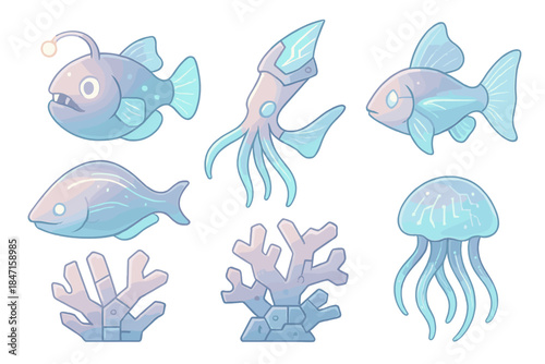 Bioluminescent Cyber Fauna. Isometric vector illustration set Bioluminescent cyber fauna: glowing deep-sea organisms, crystal