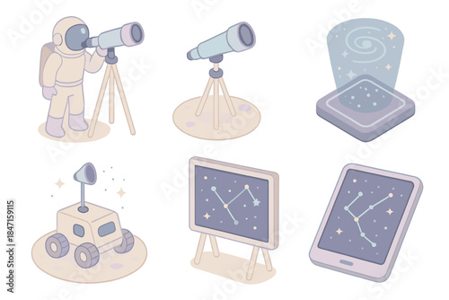 Cosmic Exploration Icons. Isometric vector illustration set of cosmic exploration: astronaut with telescope, lunar tripod setup,