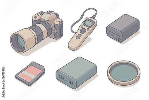 Celestial Photography Gear. Isometric vector illustration set of celestial photography gear: DSLR camera with telephoto lens,