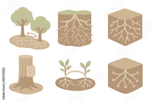 Fungal Communication Systems. Isometric vector illustration set of fungal communication systems: warning signal transmission