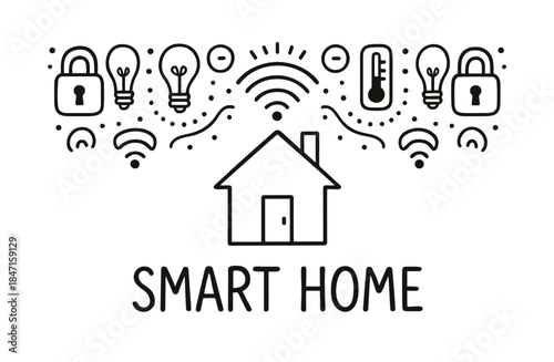 Smart home technology icons featuring thermostat, light bulbs, and locks