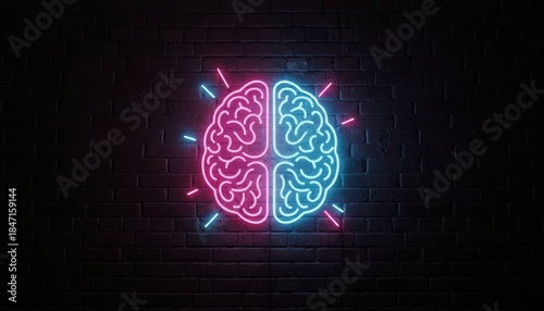 A vibrant and modern neon illustration of a human brain glowing in a high-contrast blue and pink color palette