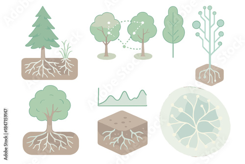 Mycelium Communication Network. Isometric vector illustration set of mycelium information web: forest root interface,