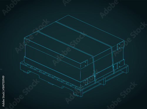 Shipping box secured to a wooden pallet isometric blueprint