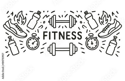 Fitness icons: dumbbells, water bottles, stopwatch, shoes in graphic design