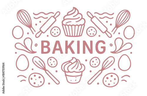 Baking enthusiast collection: whisks, rolling pins, eggs, and cupcakes