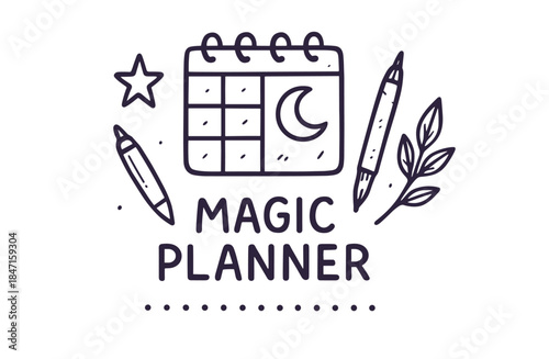 Magic planner graphic with calendar, moon, and stars on white