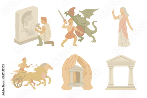 Mythic Storytelling Icons. Isometric vector illustration set of mythic storytelling symbols: creating a hero’s profile carved in