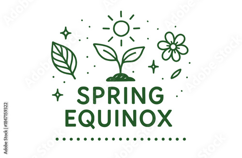 Spring equinox design with sun, plant, and flowers in green outline