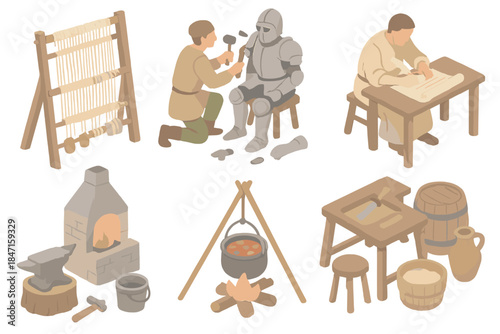 Historical Craftsmanship Icons. Isometric vector illustration set of reenactment workshop elements: period weaving frame, metal
