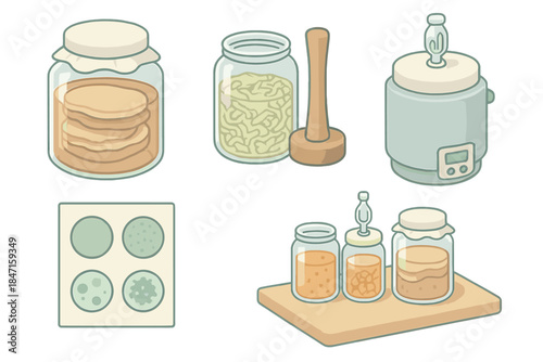DIY Fermentation Setup. Isometric vector illustration set of DIY fermentation station: SCOBY hotel container with liquid cultures,