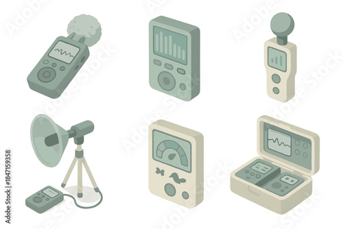 Eco-Acoustic Research Tools. Isometric vector illustration set of eco-acoustic research tools: field recorder capturing soundscape