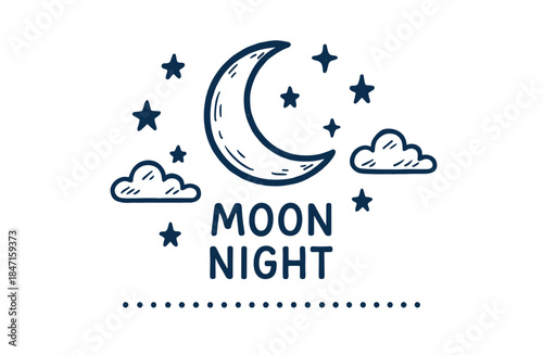 Crescent moon and stars in night sky with clouds