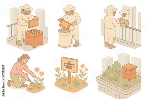 Urban Pollinator Projects. Isometric vector illustration set of urban pollinator projects: checking hive frames on a city rooftop,