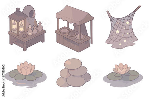 Enchanted Economy Icons. Isometric vector illustration set of enchanted economy icons: twilight-filled lantern vendor, spice stand
