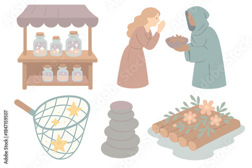 Mystical Trade Icons. Isometric vector illustration set of mystical trade motifs: stall filled with jars of twilight light, barter