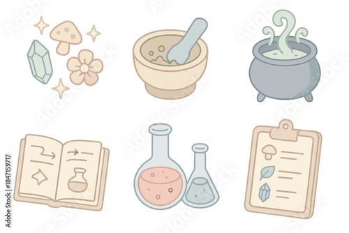 Mystical Alchemist Icons. Isometric vector illustration set of mystical alchemist workflow: glowing potion ingredients, crushing