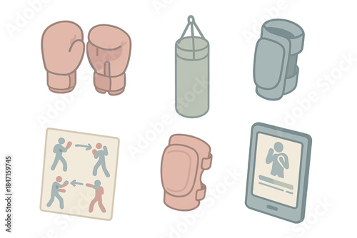 Martial Arts Icons. Isometric vector illustration set of martial arts workout workflow: boxing gloves, heavy bag, elbow pad, knee