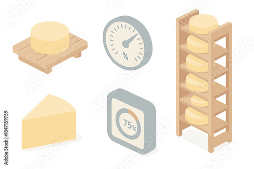 Dairy Aging Process. Isometric vector illustration set of dairy aging workflow: cheese boards, humidity gauge, temperature dial,