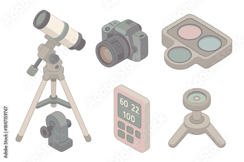 Night Sky Imaging Toolkit. Isometric vector illustration set of night sky imaging toolkit: telescope mount, DSLR camera, lens