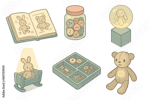 Toy Restoration Memories. Isometric vector illustration set Abandoned toy restoration and memory recovery: repair journal with toy