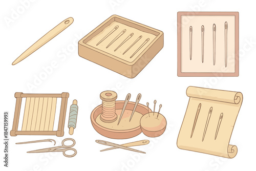 Historical Needle Collection. Isometric vector illustration set Historical sewing needle typology: bone pin with beveled end,
