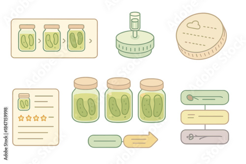 Artisanal Pickle Fermentation. Isometric vector illustration set Artisanal pickle fermentation tracking: shelf label with