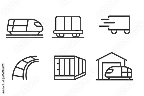 Freight Maglev Icons. Line style icons of maglev cargo transport: freight maglev train, logistics pod on rails, fast cargo icon,