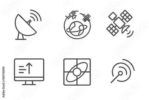 Satellite Communication Icons. Line style icons of satellite and communication education: satellite dish icon, space relay diagram