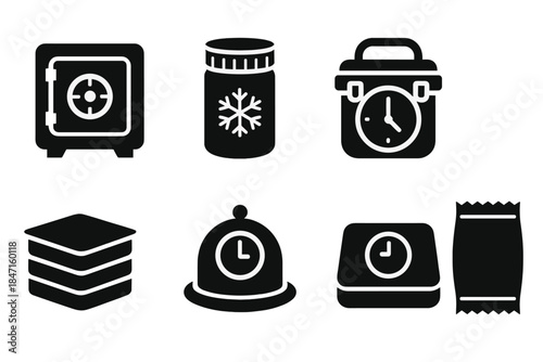 Preservation Icon Set. Solid style icons of preservation containers: vacuum-sealed vault, cryo-food jar, airtight heritage box.