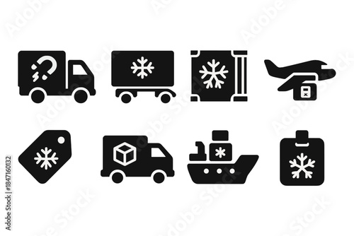 Refrigerated Transport Icons. Solid style icons of transport refrigeration: truck with magnet fridge icon, cargo cooler trailer,
