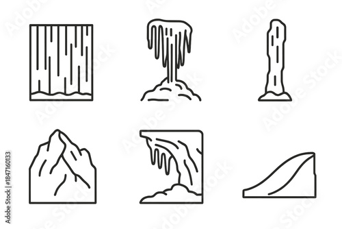 Ice Climbing Icons. Line style icons of climbing formations: vertical ice wall, frozen waterfall, ice pillar, alpine glacier face,