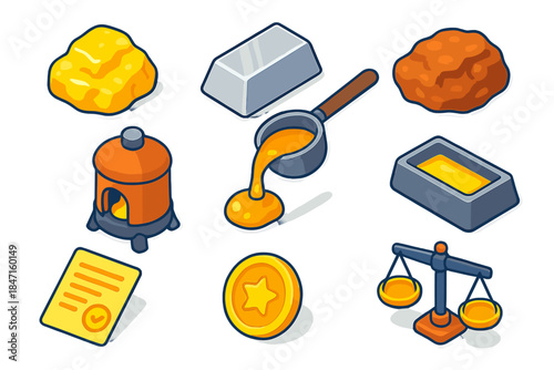 Currency and Coins Icons. Isometric vector illustration set Currency and coins – gold nugget, silver ingot, copper lump; refinery