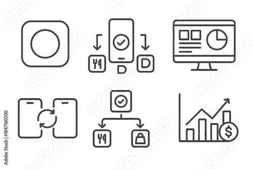 Delivery Platform Icons. Line style icons of third-party delivery platforms: app logo placeholder, multi-app order system,