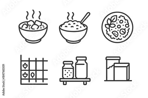 Seasonal Cooking Icons. Line style icons of seasonal cooking: fall grain stew, winter warming porridge, spring tabbouleh bowl,