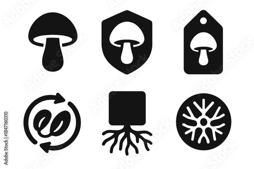 Fungal Fashion Icons. Solid style icons of future fungal fashion startups: mushroom logo icon, eco-brand badge, mycelium tag panel