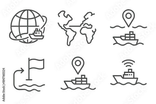 Global Shipping Routes. Line style icons of international shipping routes: globe with ship path, continent-to-continent line,