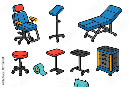 Tattoo Studio Tools. Isometric vector illustration set Tattoo equipment – tattoo artist chair, adjustable client armrest,
