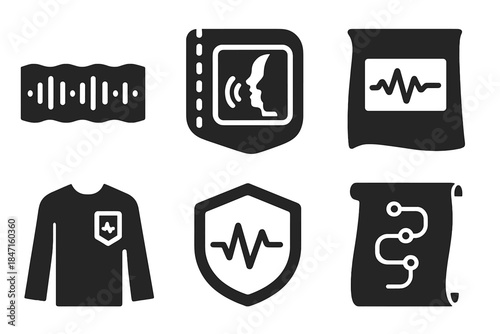 Sound-Infused Garments Icons. Solid style icons of sound-data garments: audio info stripe, voice log patch, waveform archive panel