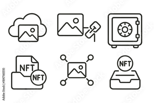 NFT Storage Icons. Line style icons of photo NFT storage and access: cloud image storage, IPFS photo link, secure vault icon, NFT