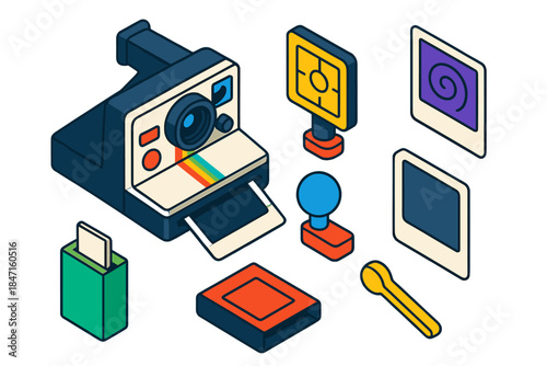 Retro Electronics Icons. Isometric vector illustration set Retro electronics – Polaroid camera, instant photo eject, film pack;