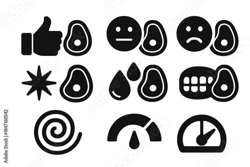 Meat Tasting Icons. Solid style icons of meat tasting reactions: thumbs up, neutral face, frown icon. Flavor burst symbol, juicy