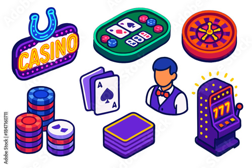 Neon Casino Nightlife. Isometric vector illustration set Urban nightlife – neon casino sign, poker table, roulette wheel; chip