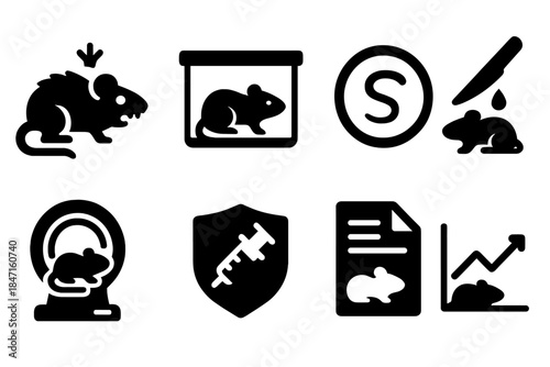 Lab Rat Experimentation. Solid style icons of lab rats and testing: zombie rat icon, test subject in lab box, petri dish with tail