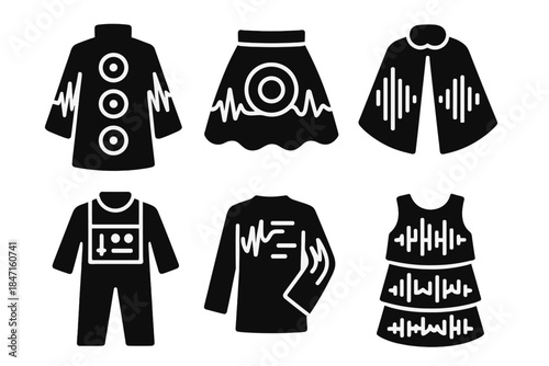 Audio Fashion Icons. Solid style icons of experimental audio fashion: avant-garde sound coat, echo loop skirt, rhythmic cape icon.